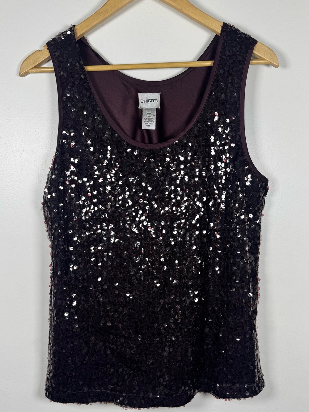 CHICOS Sequin Sparkly Tank Top In Eggplant Women’s 1 Medium 8 10 Party Glam EUC